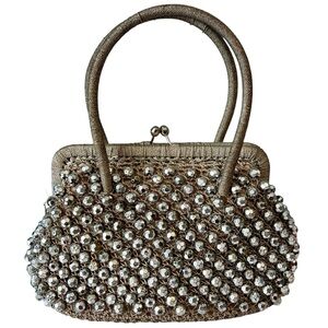 Vintage Barbara Lee Style Beaded Evening Bag Handbag Purse Silver Beads Italy